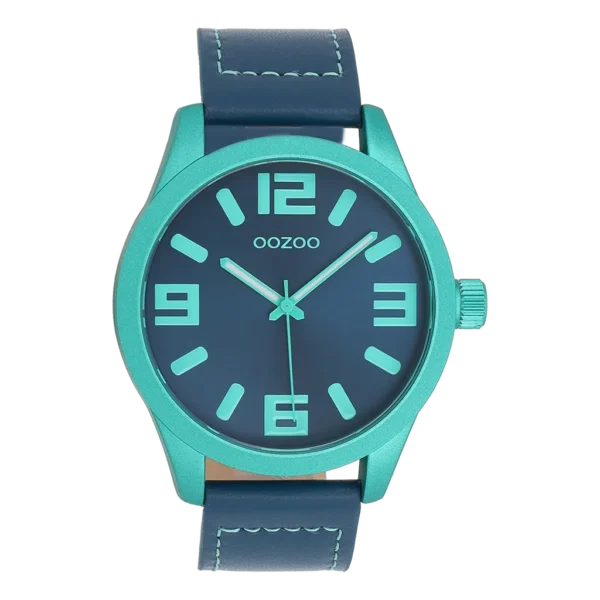 OOZOO Aqua-grüne Uhr mit dunkelblauem Lederarmband C0912