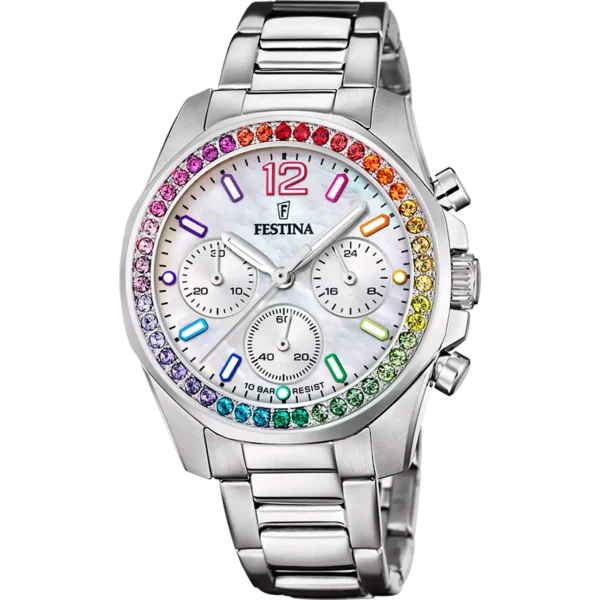 Festina Damen Uhr Boyfriend Rainbow F20606/2 Perlmutt, Edelstahl Armband