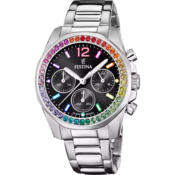 Festina Damen Uhr Boyfriend Rainbow F20606/3 Schwarz, Edelstahl Armband